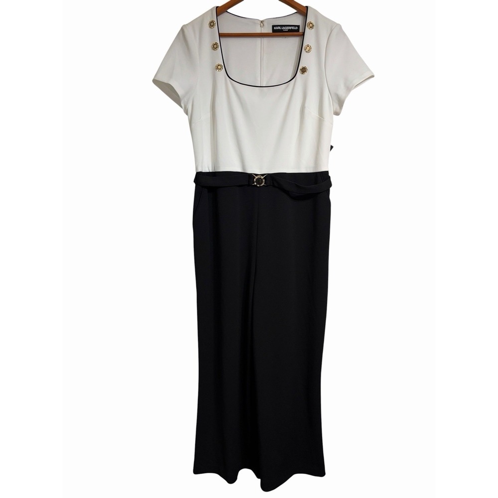 KARL LAGERFELD Women's Square-Neck Short-Sleeve Belted Jumpsuit Size  12